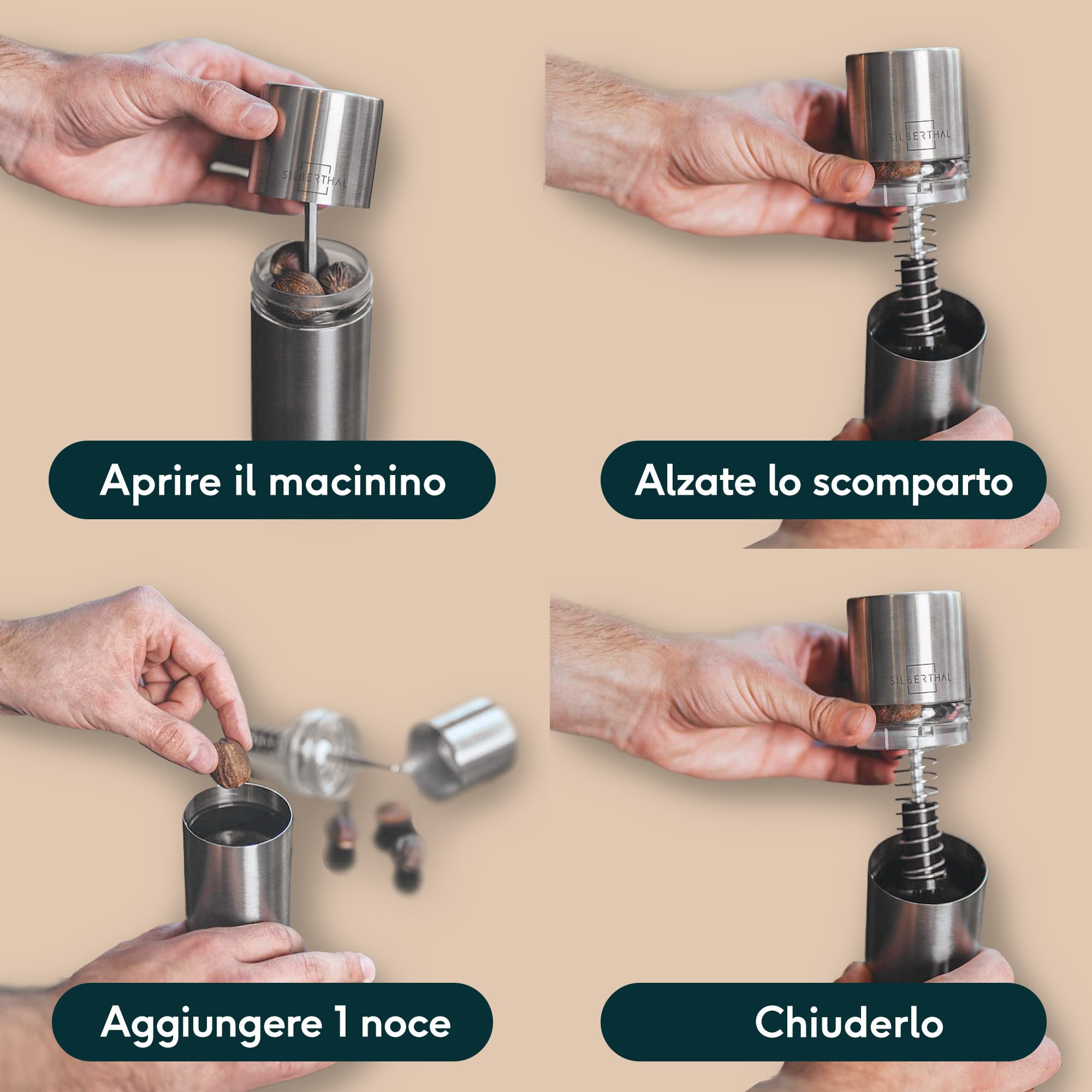 SILBERTHAL Macina noce moscata | Trita noce moscata | Grattugia noce moscata | Macina manuale noci con capienza per 4 noci moscate