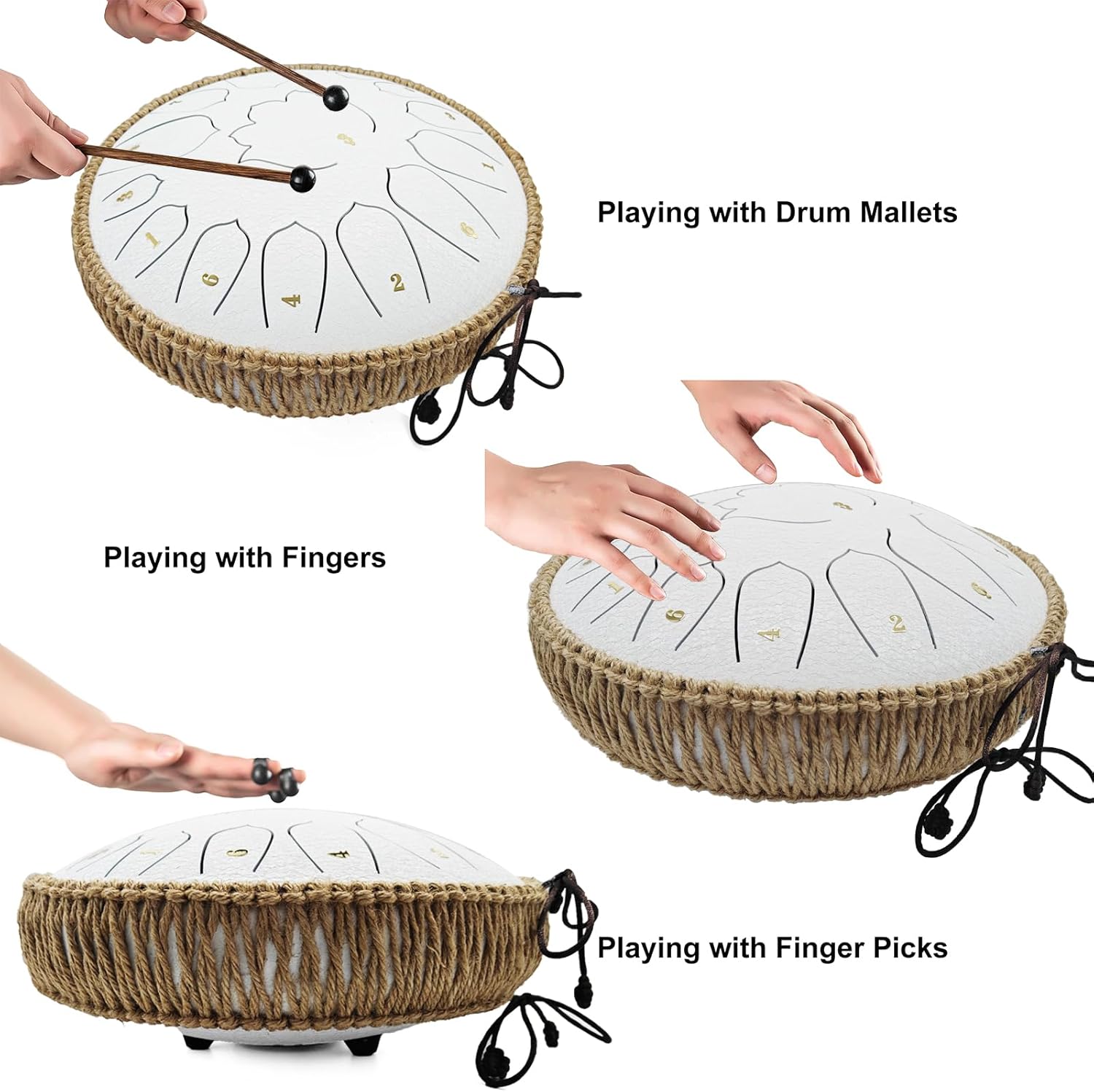 BETESINE 13-Inch 15-Note Steel Tongue Drum in C Major, Beginner-Friendly Meditation Drum with Mallets, Music Book, Finger Picks, Carry Bag & Note Stickers, Angel White