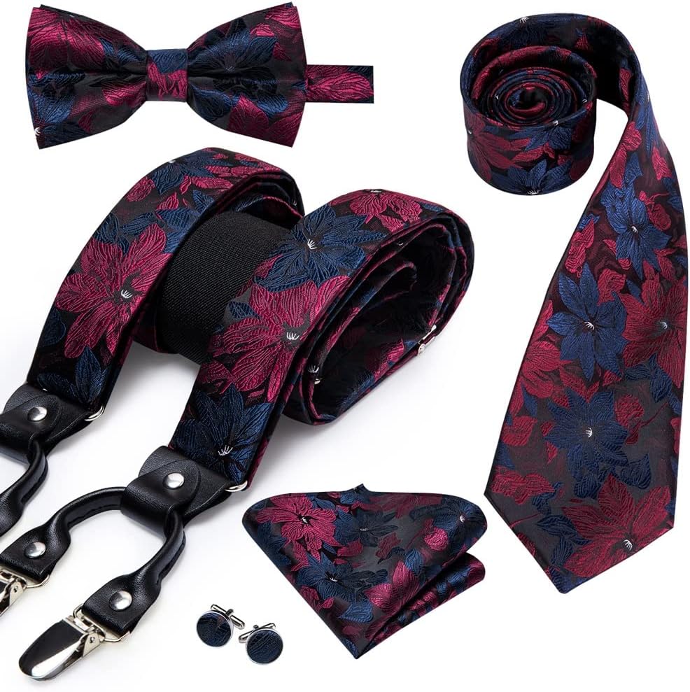 Vintage Y Back Suspenders Bowtie Tie Hankerchief Cufflinks Adjustable Silk Adult Mens Suspender Set