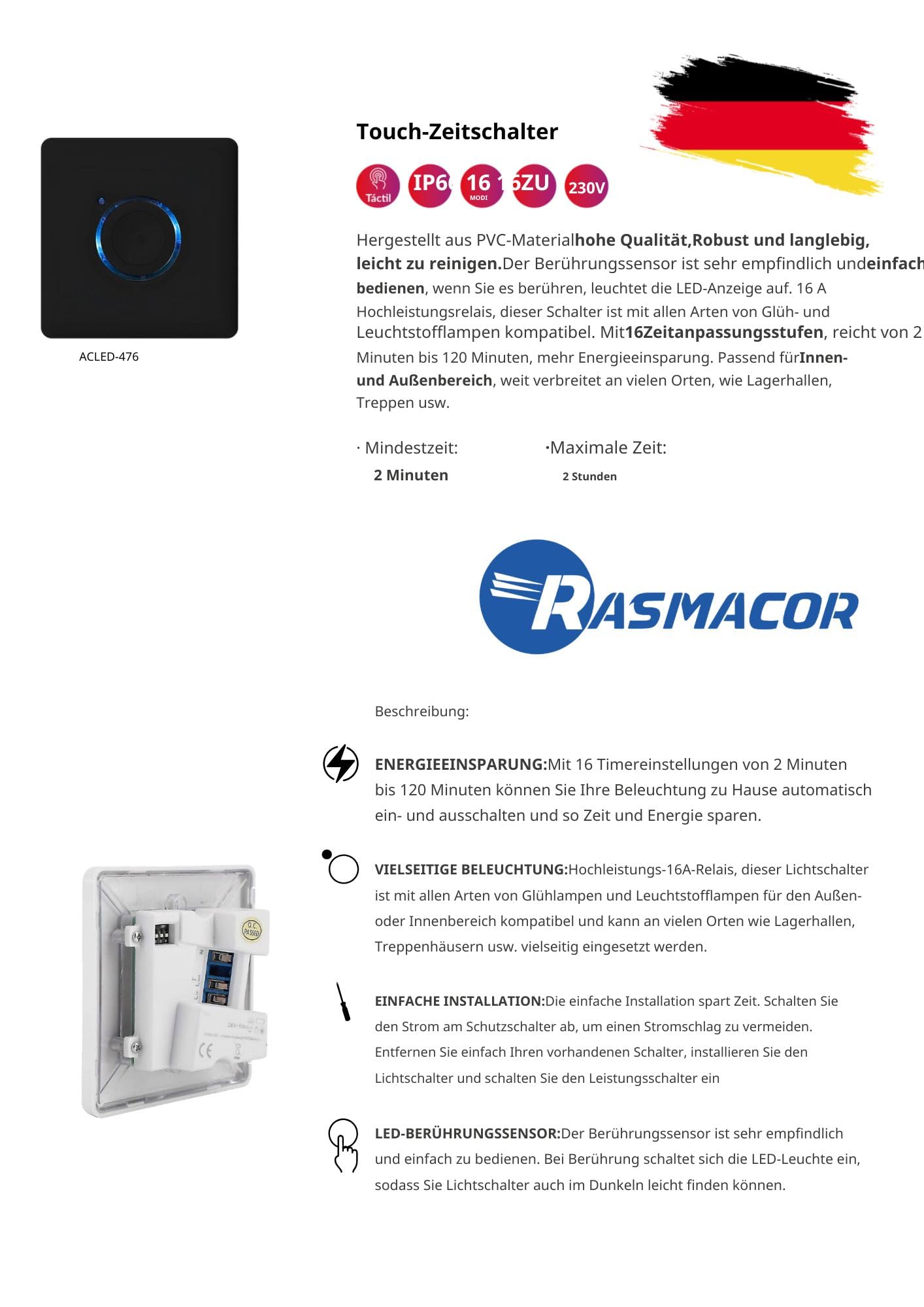 RASMACOR Minuteur Mural Tactile LED IP66, pour intérieur et extérieur, 16 Niveaux de réglage du Temps, 16 A, 230 V, durée réglable de 2 à 120 Minutes, Installation Facile (Noir)