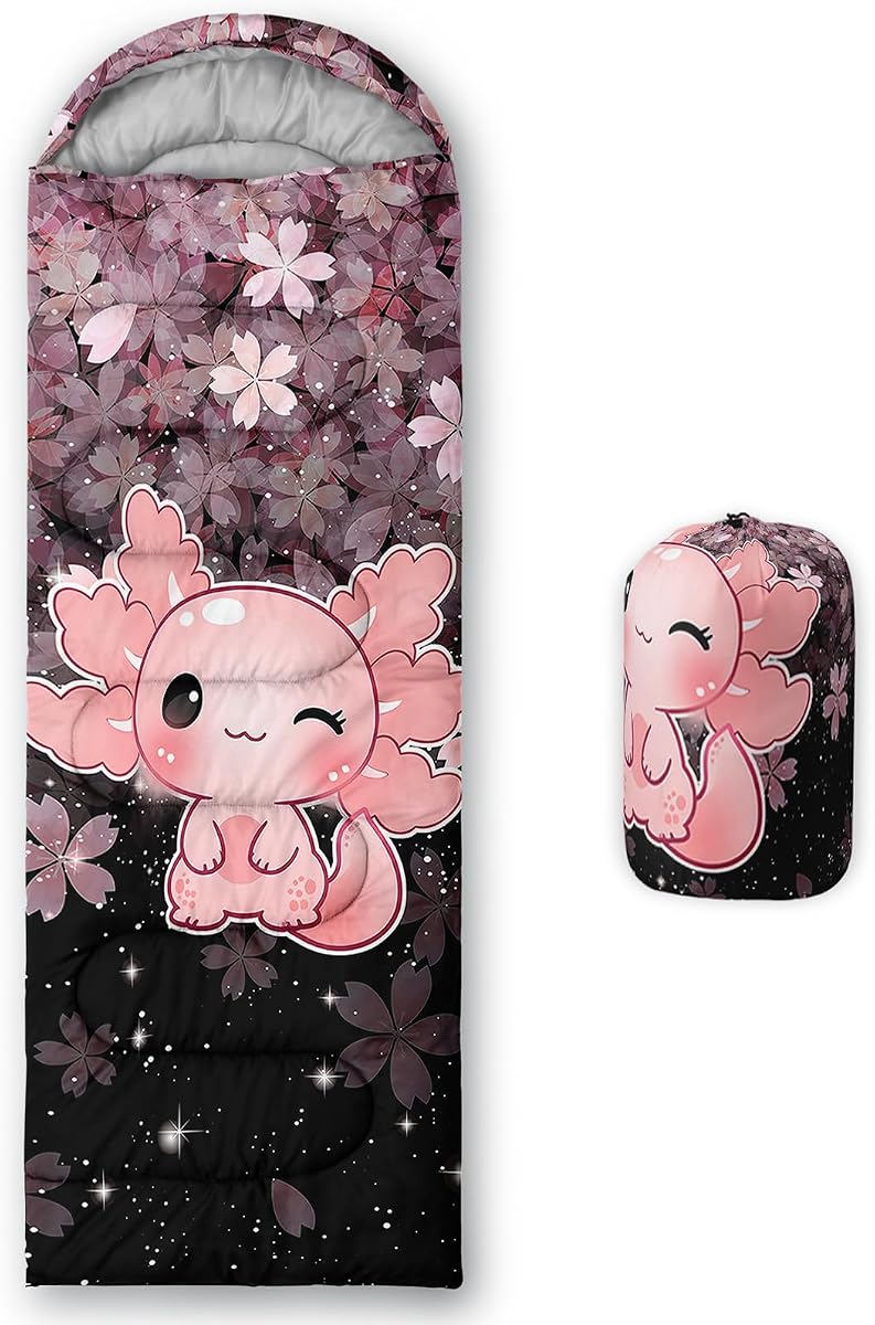 QOOMO Axolotl Cute Camping Sleeping Bags,3 Season Warm & Cool Weather,Lightweight,Waterproof Sleeping Bags for Adults & Kids,Traveling,and Outdoors