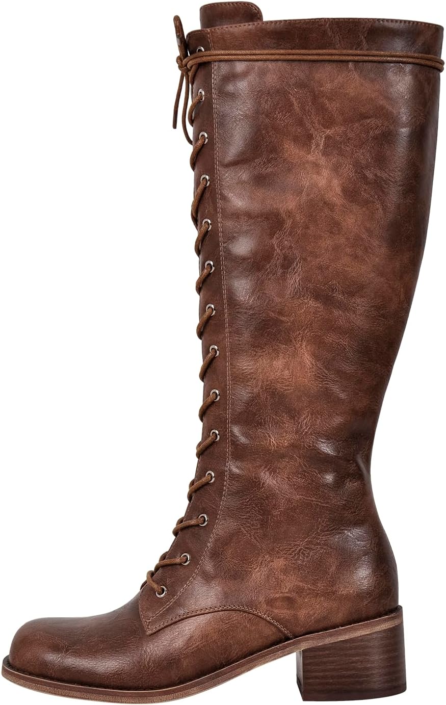 richealnini Women's Riding Boots Lace Up Knee High Boots with Zippers Side Zip Up Low Block Heels Straps