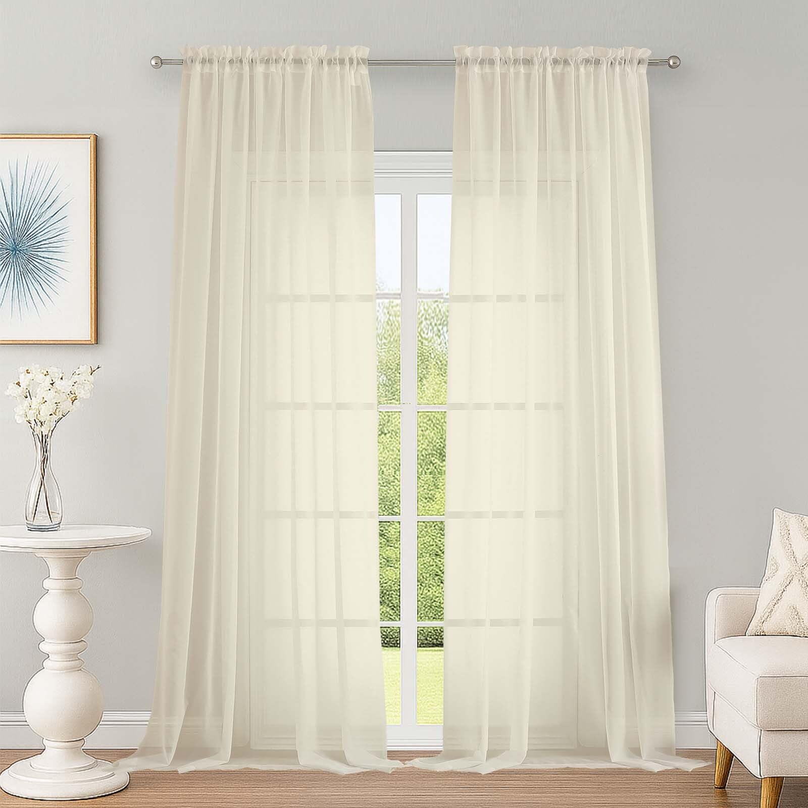Extra Long Cream Sheer Curtains 96 Inches Long 2 Panels Set, Soft Lightweight Airy Voile Sheer Curtain for Bedroom Living Room, Rod Pocket Solid Color Farmhouse Curtains, 59" Wx96 L Inch