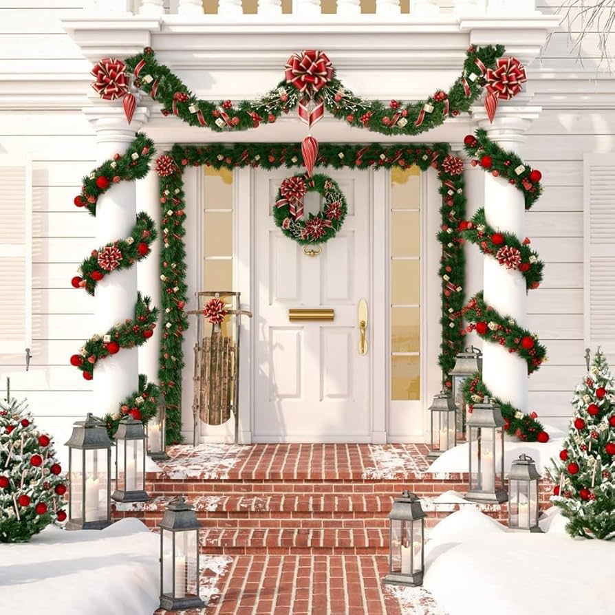 Green Christmas Garland Decorations, Xmas Tinsel Garland Artificial Greenery Decorations For Outdoor And Indoor - 33ft/10m