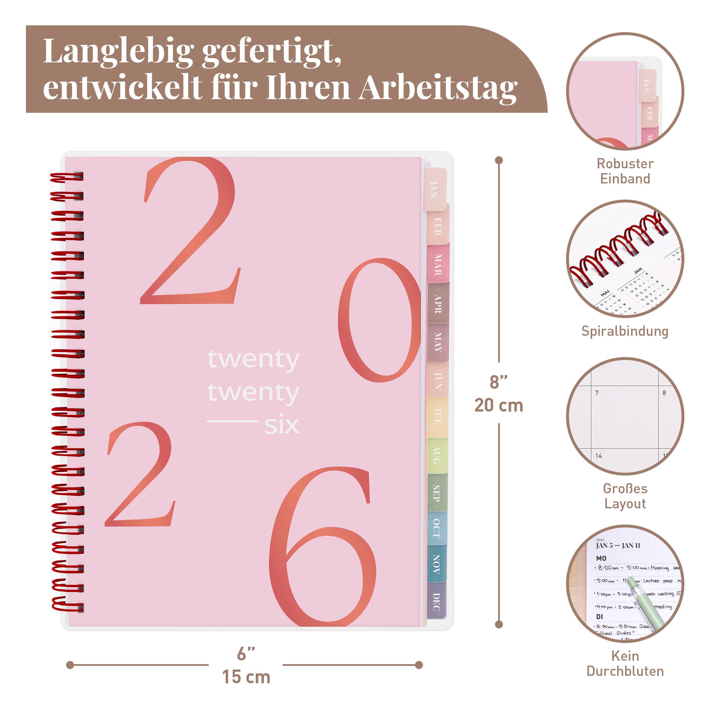 Rileys & Co 2026 pływający planer tygodniowy, tygodniowy i miesięczny, elastyczna okładka, strony na notatki, wiązanie podwójne, 20 x 15 cm, różowy, francuski