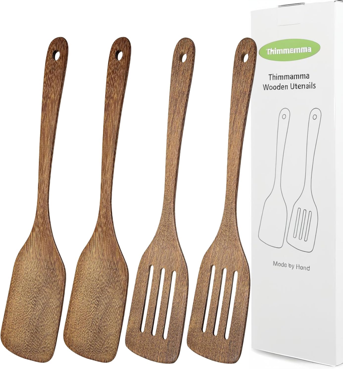 Wooden Spatula Nonstick Turner Acacia Wood, 12" Long Handle Flat Frying Spatulas Handmade for Kitchen Gifts, Ideal Cookware Utensils for Cooking Eggs, Fish, Pancakes, 2 Pack