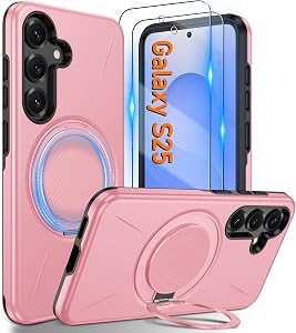 Gritup for Samsung Galaxy S25 Case [Compatible with MagSafe Accessories]:2 Pcs HD Screen Protectors,Built-in Kickstand,Dual Layer Shockproof,Camera Guard,Velvet Touch,S25-Pink