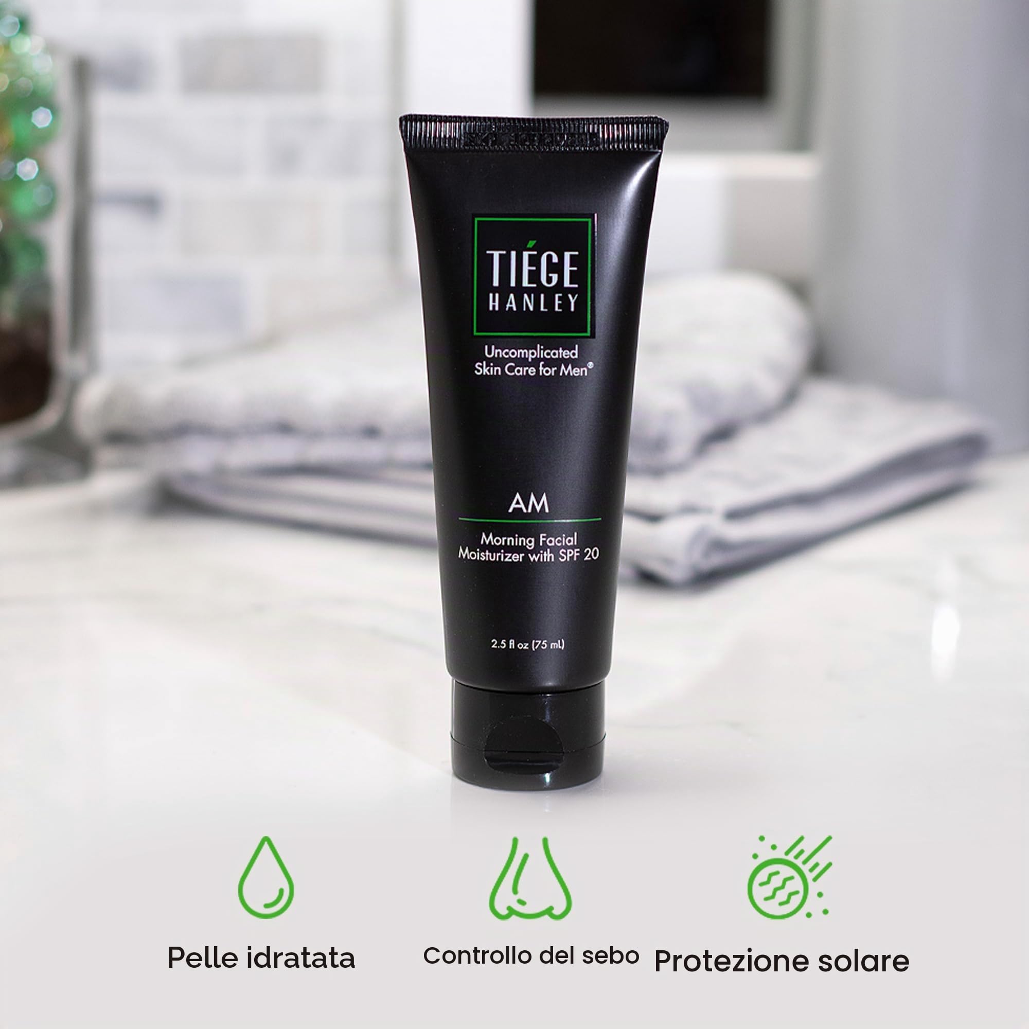 Tiege Hanley Crema idratante viso da uomo, Crema idratante viso mattutina con SPF 20 - Crema per la cura del viso e della pelle da uomo per un'idratazione di lunga durata - (2,5 Fl Oz)
