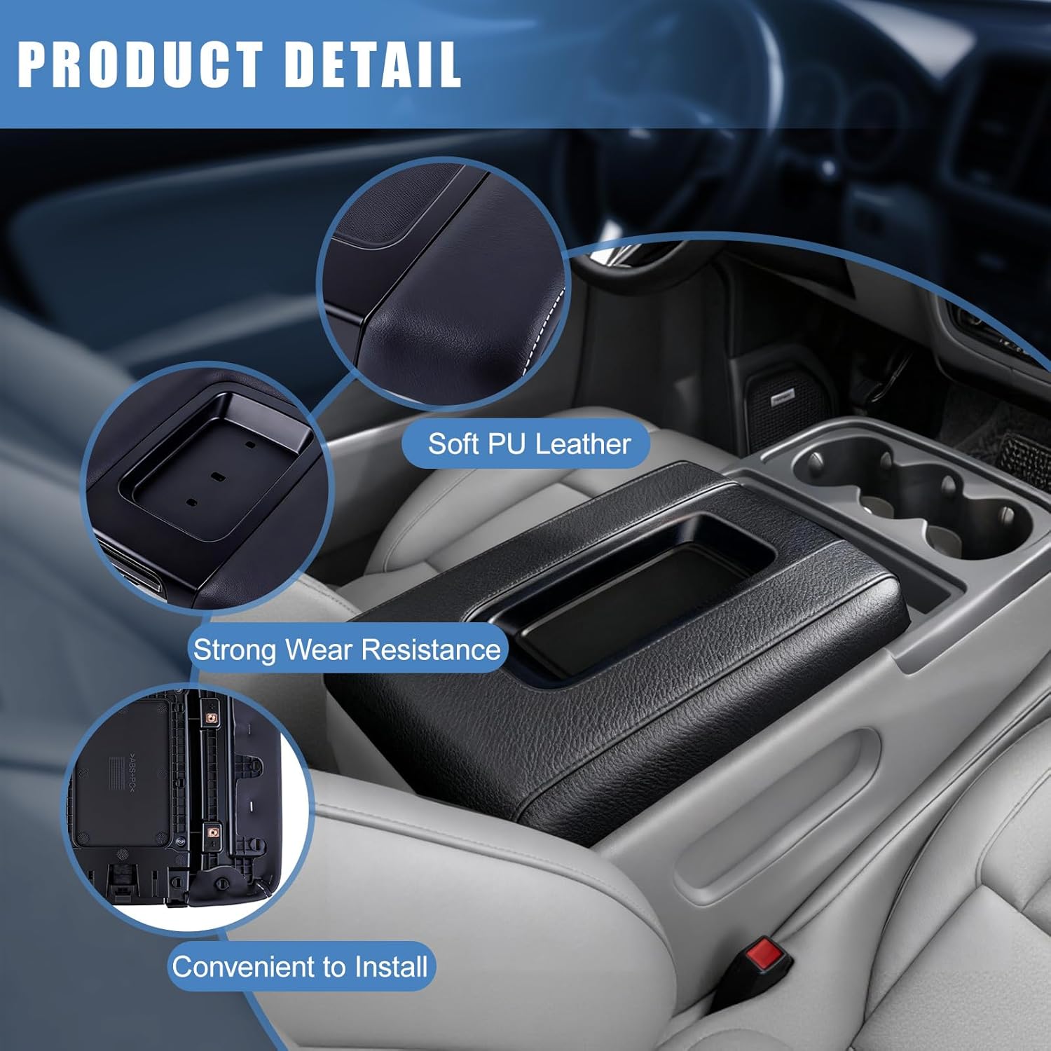 Front Center Seat Black Leather Armrest Lid Cover With Liner Mat Compatible with Cadillac Escalade ESV for Chevy Silverado 1500 2500 3500 Suburban Tahoe for GMC Sierra Yukon XL - Replace 22881398