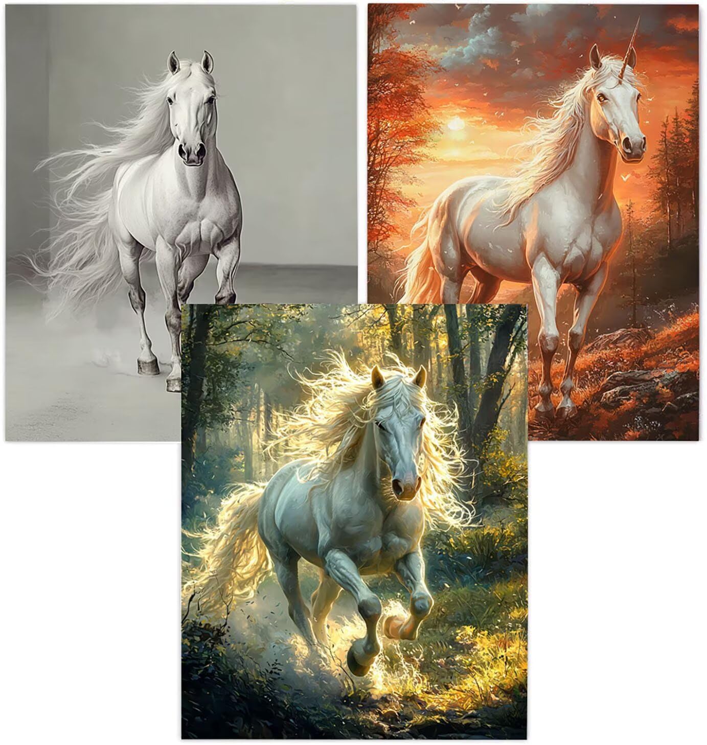 Generico Cnyaunfi 3 Pezzi Animali Pittura Diamante Fai-Da-Te, 5D Bianco Diamond Painting Kit Completo per Hobby Creativi Adulti, Per La Decorazione Della Parete Di Casa 50x70cm YF-3578