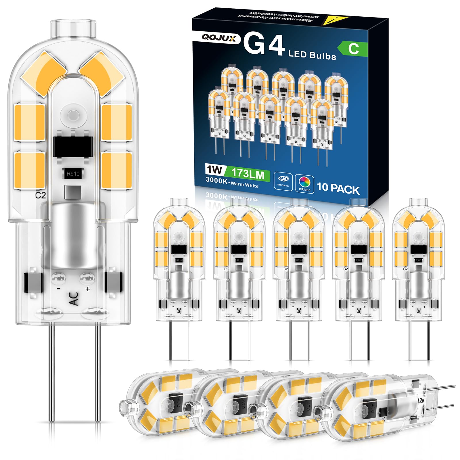 QOJUX G4 LED Bulbs, 1W 173LM Class C Warm White 3000K, Equivalent to 20W Halogen Bulb, Bi-Pin Base Energy Saving G4 Bulb, AC/DC 12V, Non-Dimmable Non Flicker, for Chandelier, Home Lighting, 10 Pack