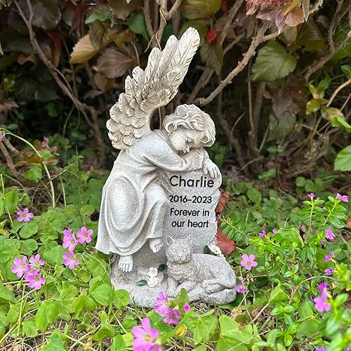 Piedra conmemorativa de gato, figuras de ángel de alas, estatua de jardín, marcadores de tumba de gato al aire libre, decoración de recuerdo,