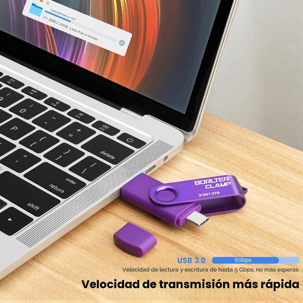 Memoria USB 3.0 de 256 GB Unidad Flash 3 en 1 para Teléfonos Android, BorlterClamp Pendrive OTG Memory Stick con 3 Puertos (USB C/microUSB/USB 3.0) para Samsung Galaxy, PC y Más (Púrpura)