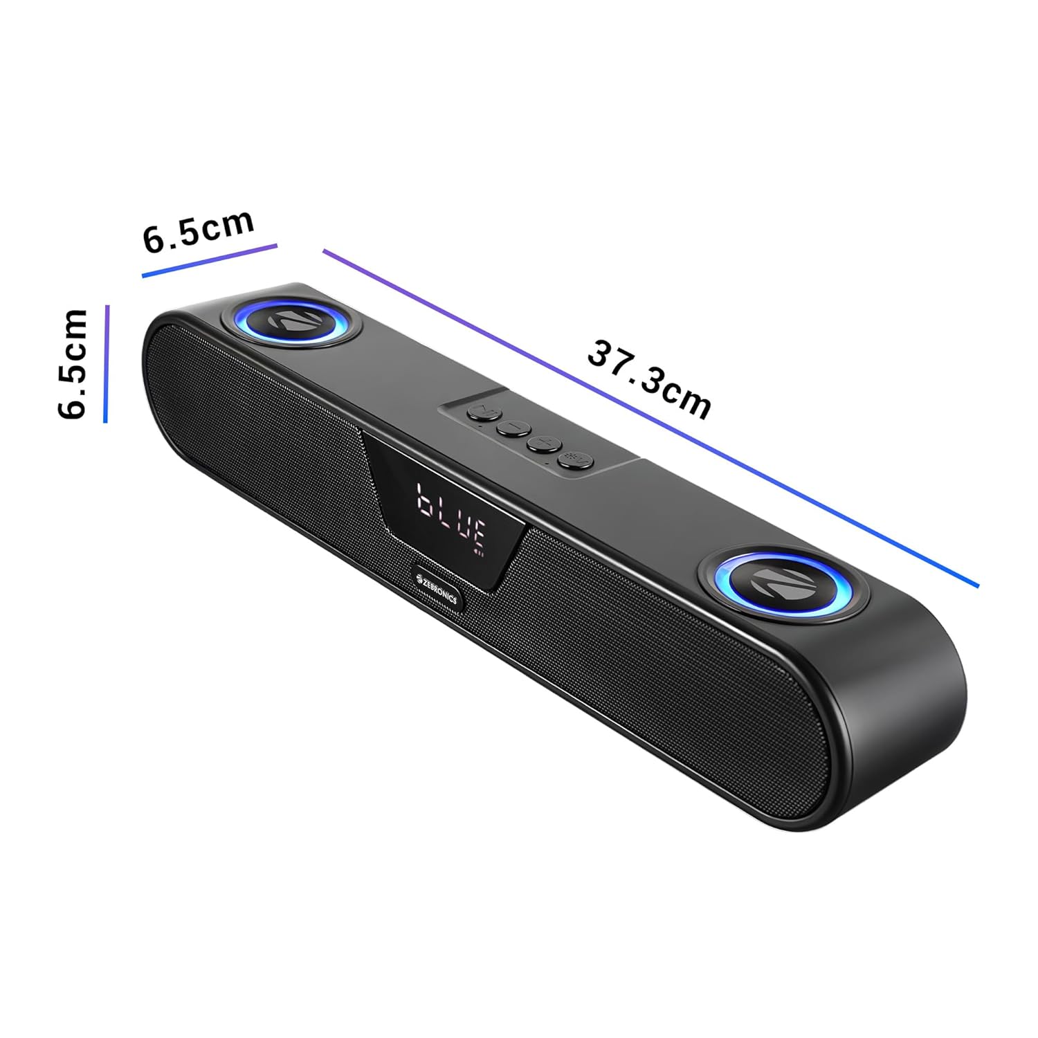 ZEBRONICS Astra 40 speaker with dimensions 6.5cm, 6.5cm, and 37.3cm indicated