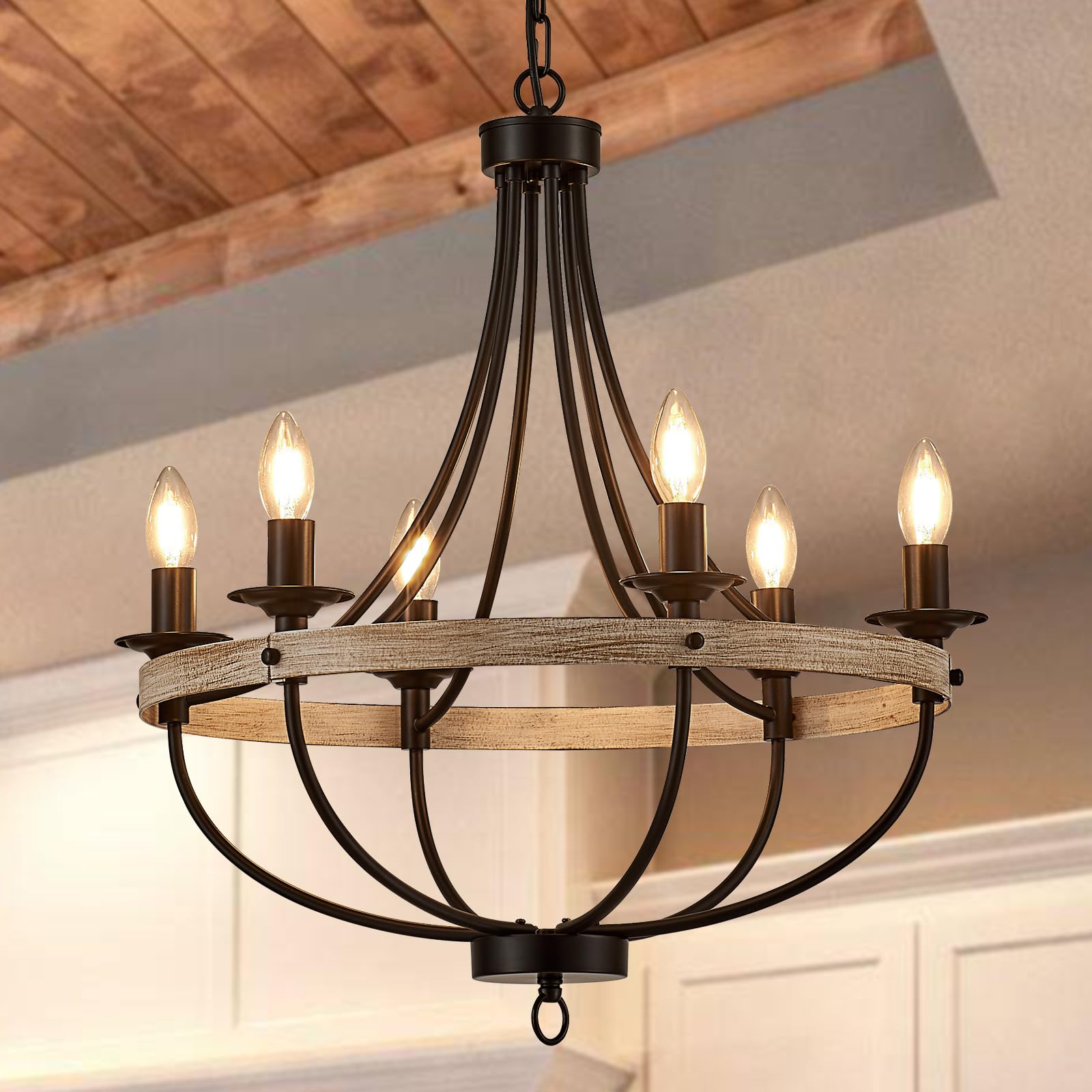 TACDANDM 22" Black White 6-Light Round Candle Chandelier Farmhouse Rustic Vintage Pendant Light Adjustable Hanging Light for Hallway Entryway Foyer Stairway Kitchen Bedroom Dining Living Room