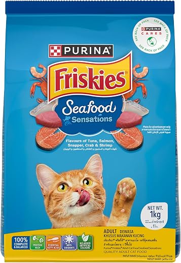 PURINA, Friskies Seafood Sensations Adult Dry Cat Food, 1kg, Contains Tuna Salmon, Snapper, Crab &amp; Shrimp Flavours