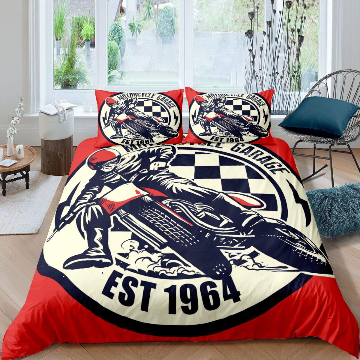 Housse de couette vintage moto King parure de lit 3 pièces anti-décoloration sports extrêmes
