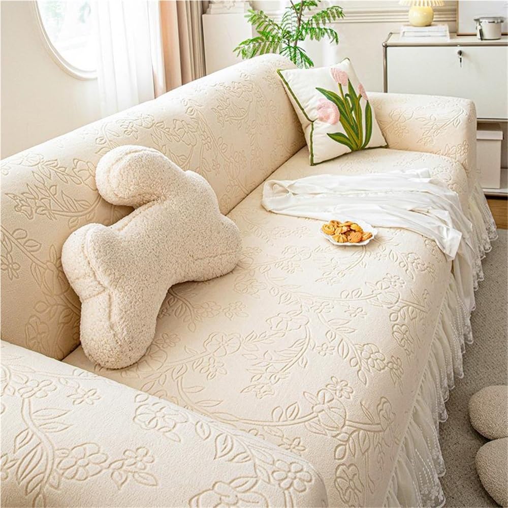 Housse de canapé anti tache et griffures beige extensible avec jupe