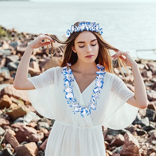 Miniatura 5 de HongyiTime 56 unidades de Leis hawaianos, suministros para fiestas Luau de collares, diademas y pulseras de flores elásticas, decoraciones hawaianas