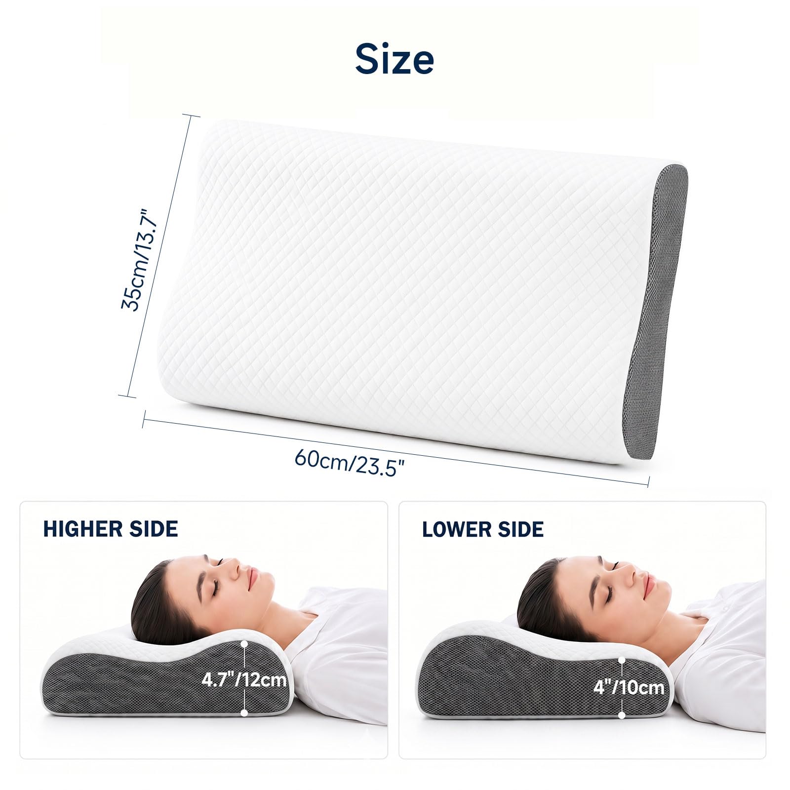 Cuscino cervicale in memory foam per supporto cervicale, cuscino ortopedico ergonomico per chi dorme sul lato posteriore, 150 fori traspiranti, certificazione Oeko-TEX e CertiPUR-US, 60 x 35 x