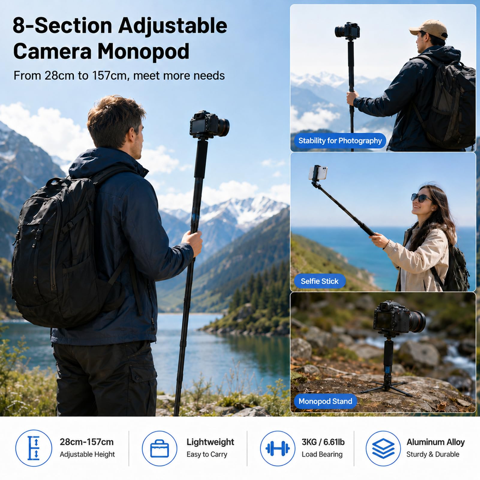 Monopode pour Appareil Photo 8 Sections, Perche à Selfie, Bâton De Randonnée en Alliage D'aluminium, Monopode Léger De Voyage pour Appareil Photo Reflex Numérique Portable