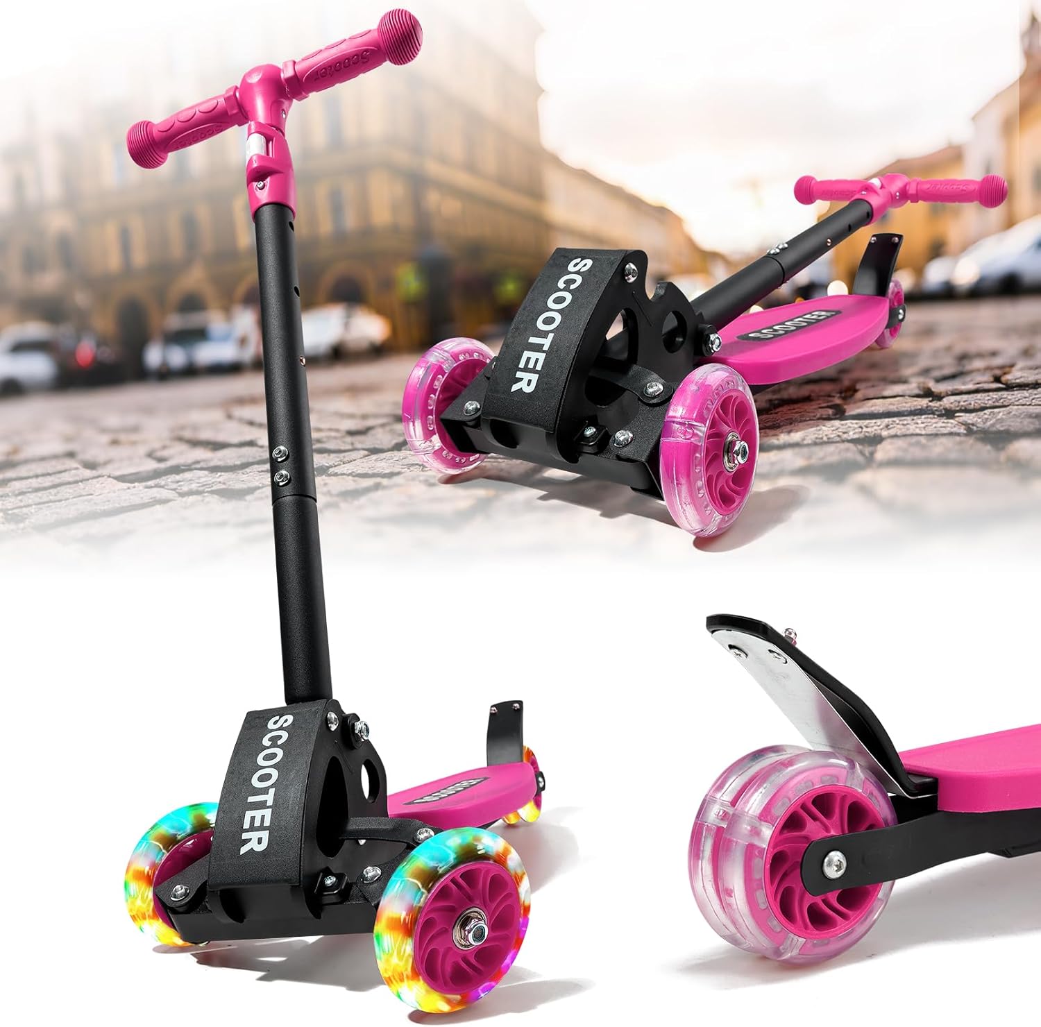 Kick Scooters for Kids 5-7 8-12,Lean to Steer,Three Wheeled Light Up,28"-32" Adjustable Handlebar,Widen Anti-Slip Deck,Floor Push Scooter for Boys Girls Ages 6-12 3-4 Old,Foldable for Travel