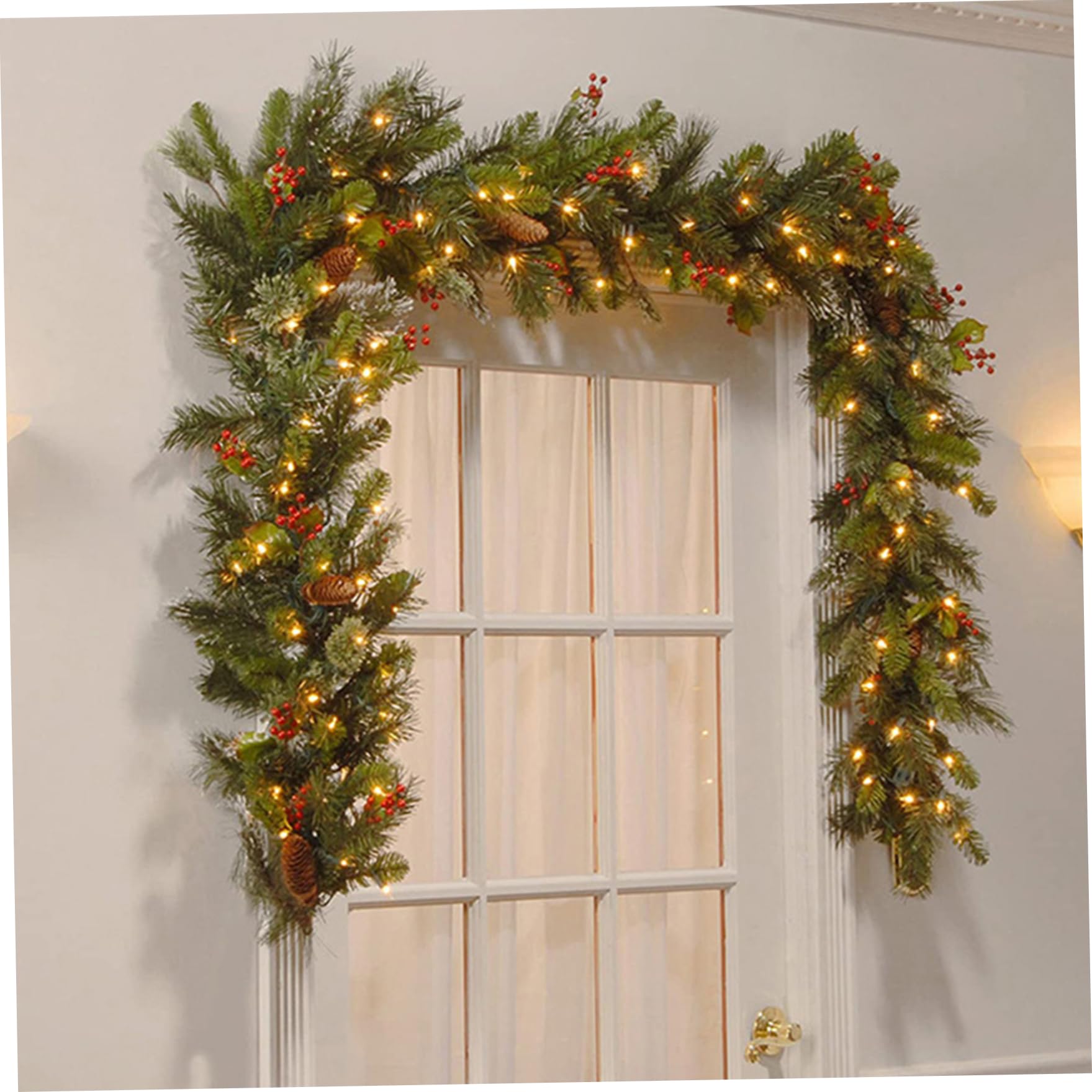 Guirnalda de Navidad artificial con 50 luces luces de piñas y bayas para chimenea