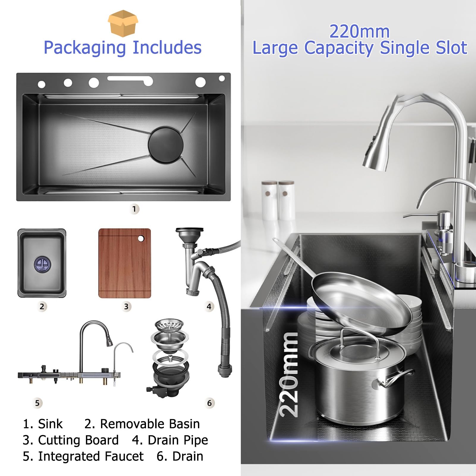 Fregadero de cocina de acero inoxidable de 75 × 46 cm con nano-revestimiento, pantalla digital de temperatura, doble cascada, encimera con tabla de cortar, fregadero doble y control de teclas de piano