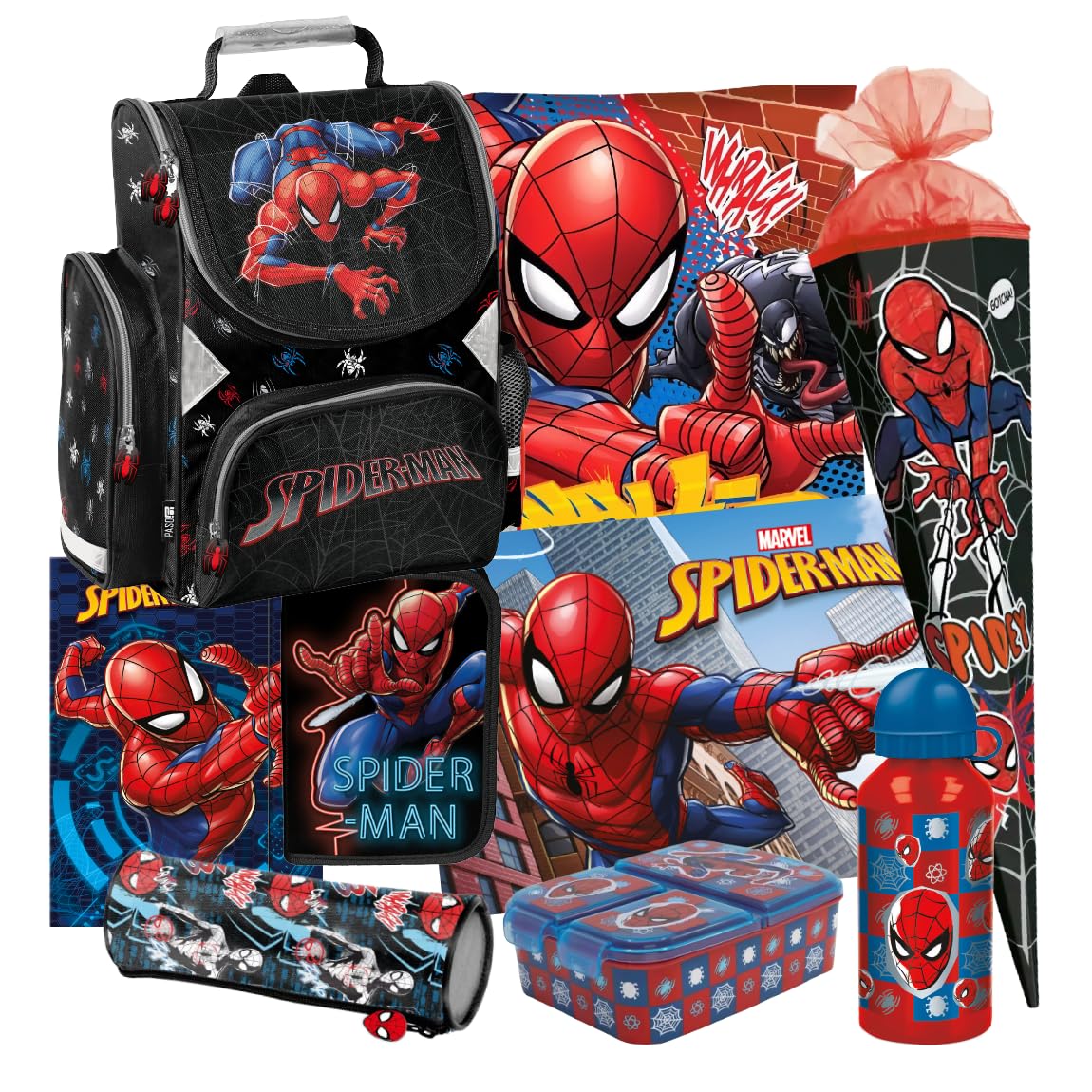 Spiderman Spider man Spider-man 9 Teile Set Schulranzen Ranzen Schulrucksack Federmappe Tasche Schultüte 85 cm Tornister mit Sticker-von-Kids4shop