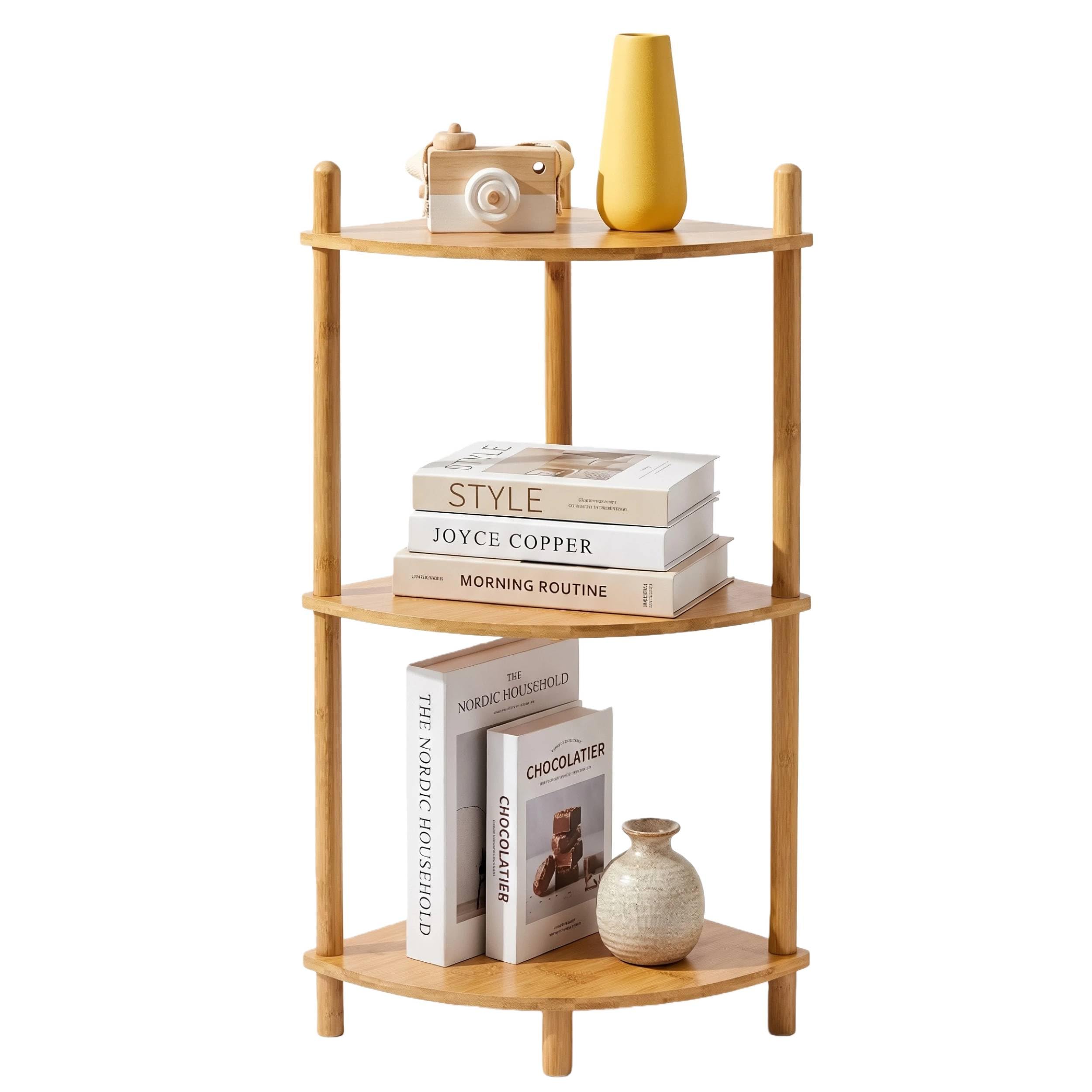 WooFawn 3-Tier Expandable Bamboo Corner Shelf Stand,Corner Bookshelf, Display Storage Shelves with Open Shelves, for Organization and Storage, Living