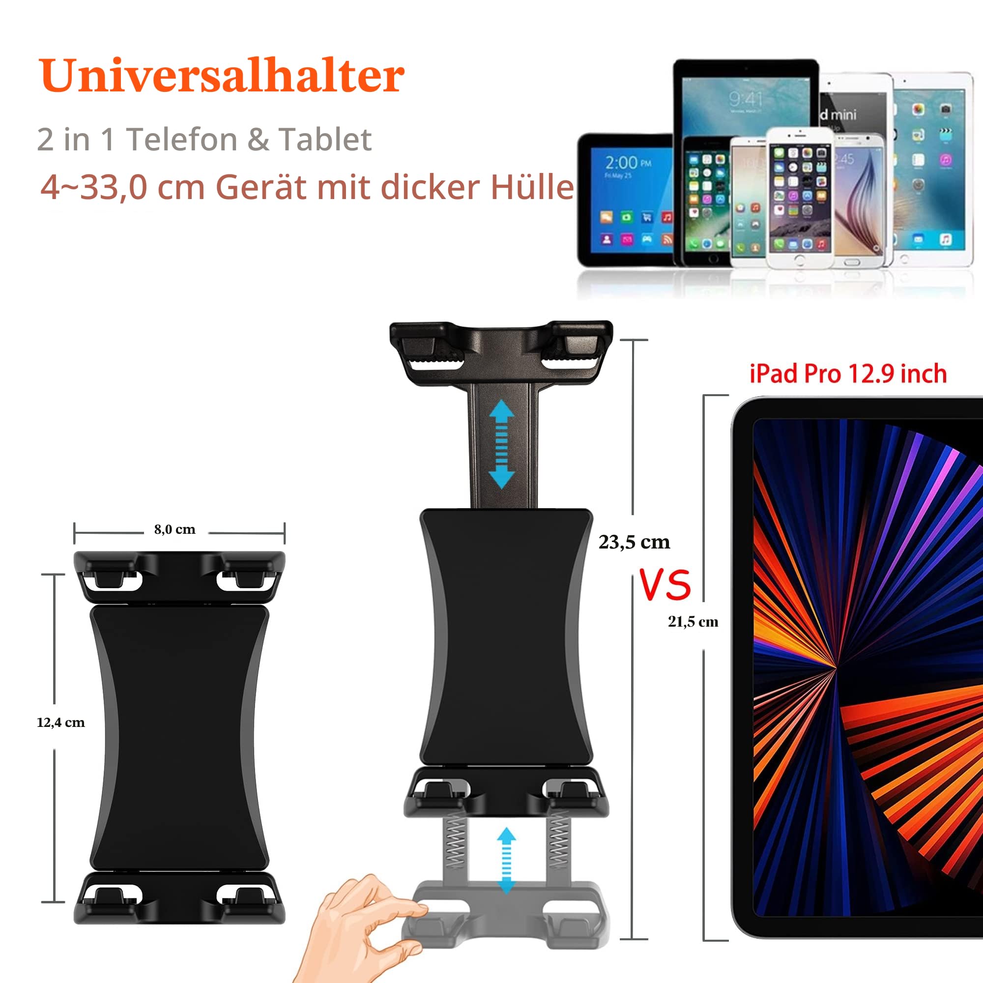 IPad Halter für Mikrofonständer Tablet Handyhalterung Mikrofon Notenständer verstellbar drehbar mit Supergriffklemme für iPad Pro 12,9 Air Mini, Android, 4 bis 13,5 Zoll iPhones Tablets