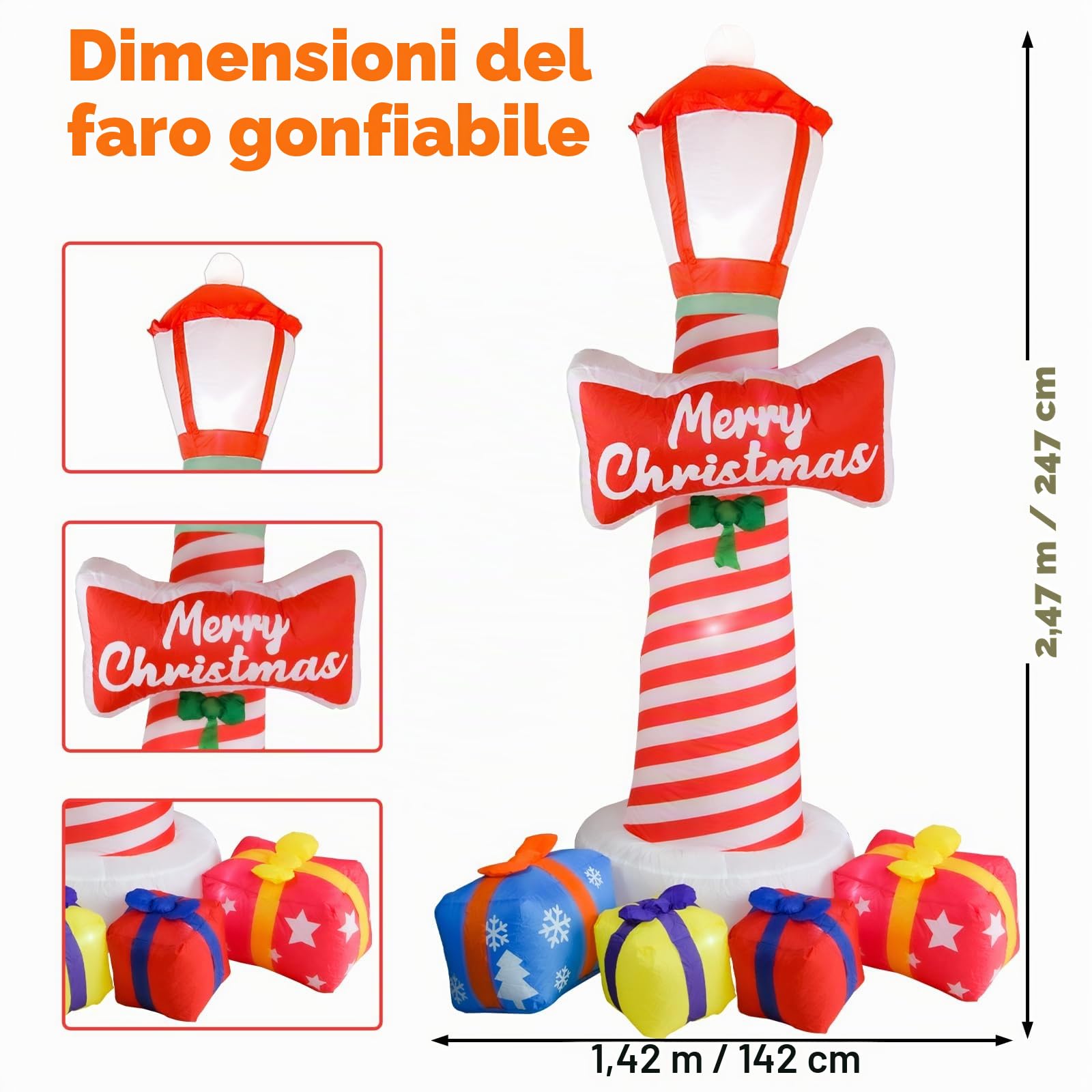 Faro di Natale gonfiabile da 2,46 metri con scatole regalo, decorazioni gonfiabili per il cortile di Natale, con luci LED per la decorazione del prato per le vacanze