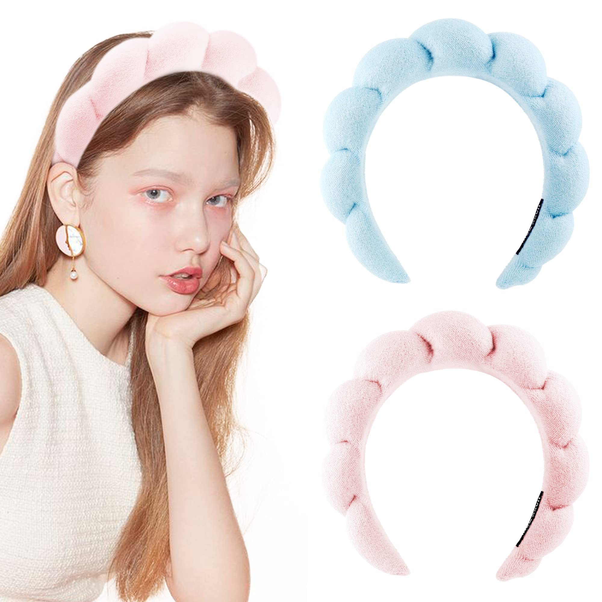 Women’s Spa Headband Set - 2 Pack Soft Terry & Sponge Fabric for Skincare, Makeup Removal, Shower - Pink & Blue Hair Accessories