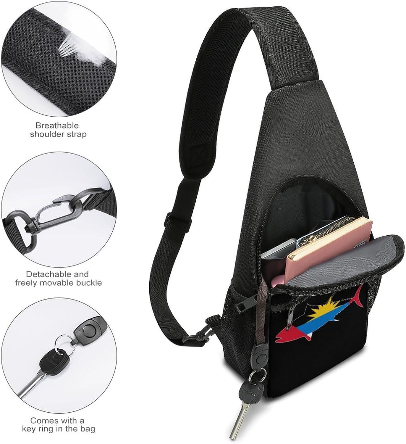Antigua And Barbuda Flag Tuna Fish Crossbody Sling Backpack Chest Bag Daypack