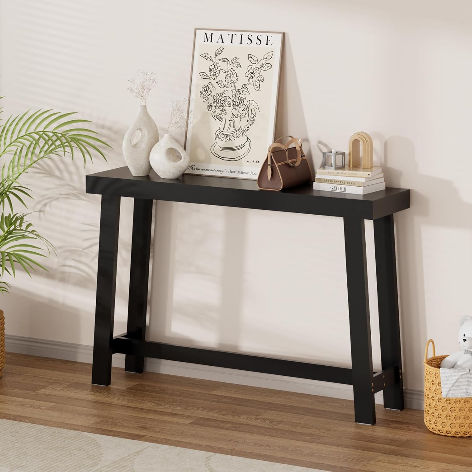Bamboo 47.2" Narrow Console Table, Wood Farmhouse Side Table, Rectangular Entryway Table, Modern Sofa Table Behind Couch with Storage Shelves for Entrance, Living Room, Hallway, Foyer (Black Black Rectangular