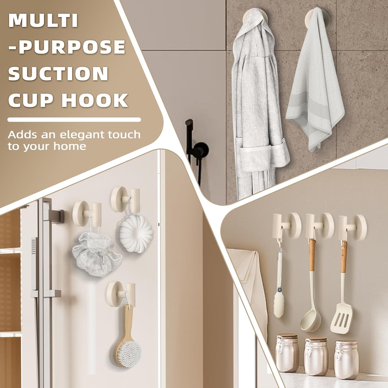 Suction Cup Hooks for Shower - Bathroom Reusable Hooks for Towels, Robes & Loofah - No-Drill Mounting on Kitchen,Walls,Metal,Glass,Mirrors,Tile & Smooth Non-Porous Surfaces (2, Milk White)