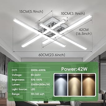 EIDISUNY Modern Dimmable Ceiling Light LED, 60cm 42W Silver 4 Built-in LED Boards, 3000K-6000K, LED Dimmable Ceiling Lights Fixtures with Remote Control for Bedroom Hallway LivingRoom Corridor Kitchen [Energy Class E]
