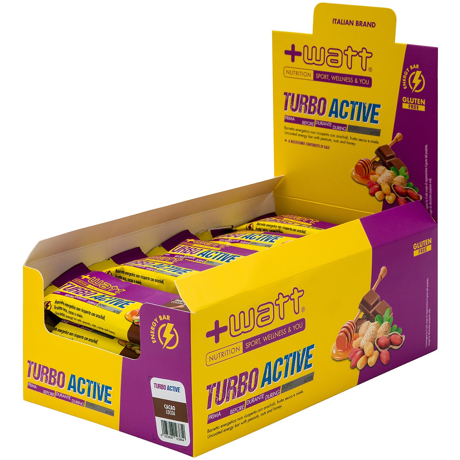 Turbo Active - Barretta energetica con arachidi, frutta secca e miele. (Box 24 pz, Cacao)