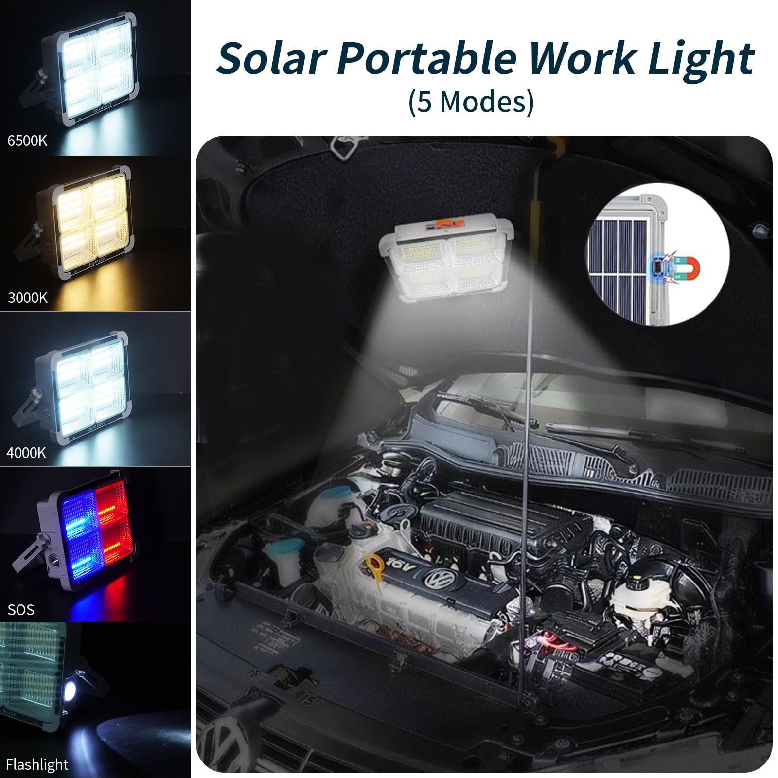 150W Solarna Lampa Robocza Reflektor LED,Fosingut Przenośna USB ładowalna Słoneczna Światło,Magnetyczny/5 Tryby/288LED/11000mAh IP66 Wodoodporne Reflektor Budowlany LED do Kempingu,Wędkowania,Awaryjne