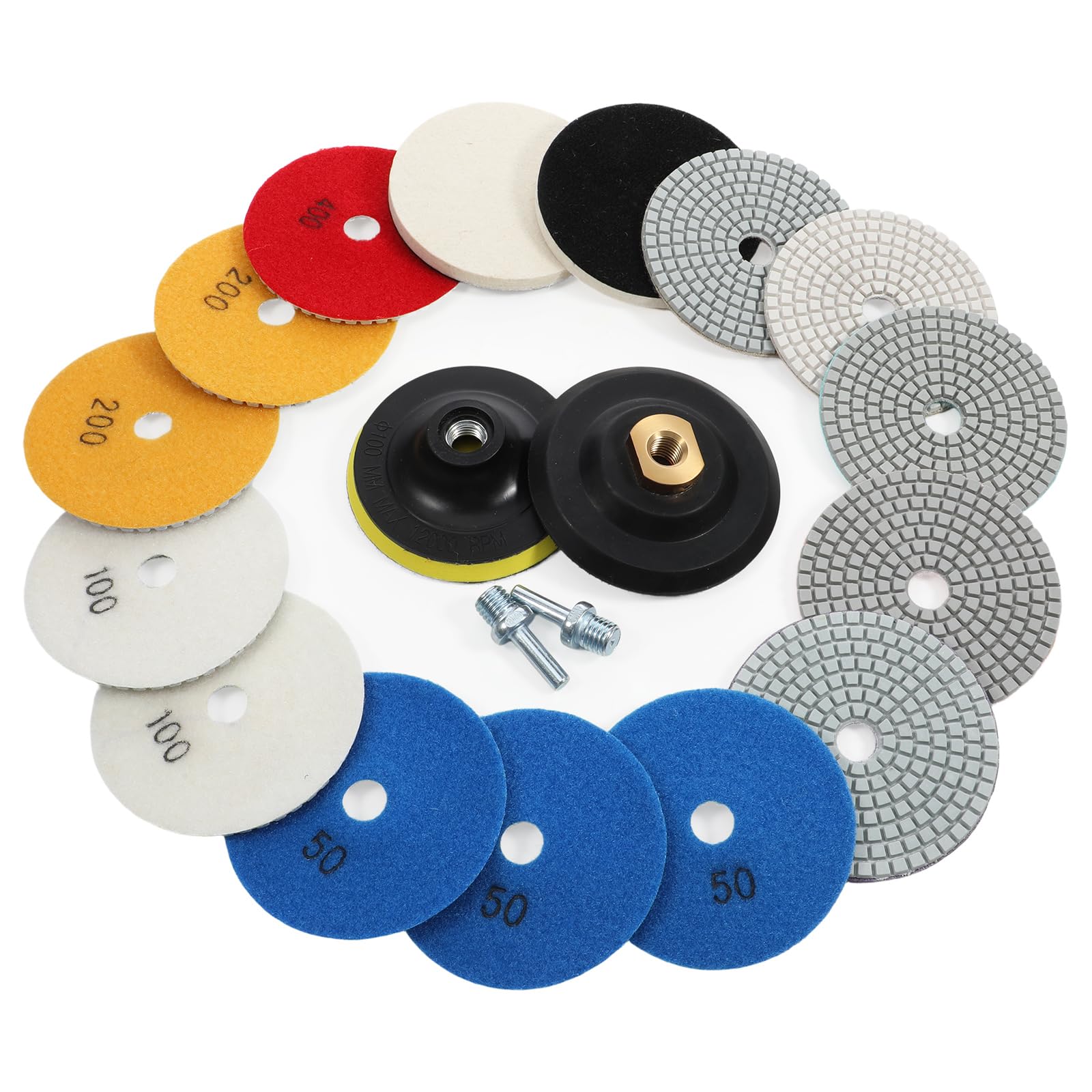 19Pcs 4 Inch Diamond Polishing Pads Set, 2PCS 5/8’’-11 Backer Pad, 50-10000 Grit Pads and Wool Disc, Wet/Dry Granite Stone Polish Pad, Grinder Polishing Kit for Granite Marble Tile Quartz Countertop