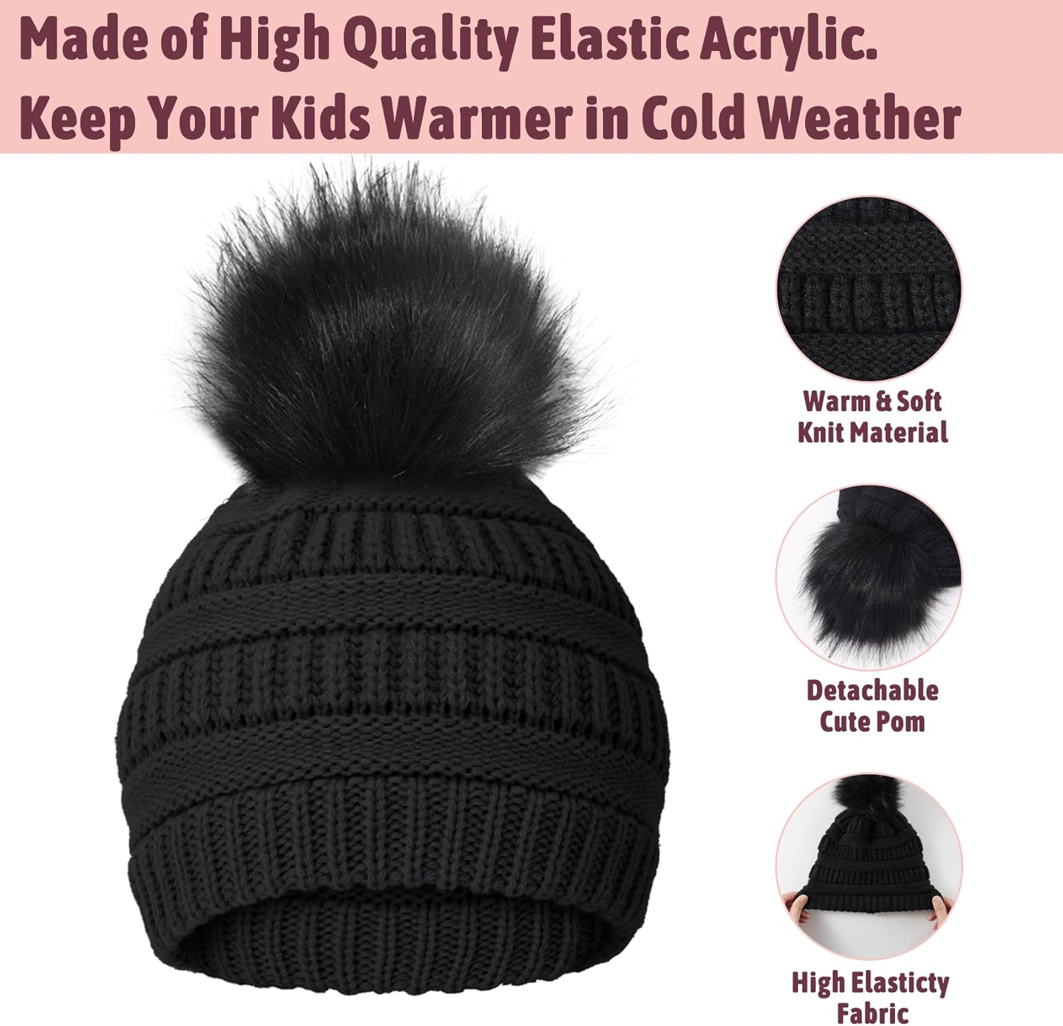 Kids Winter Beanie Hat Scarf Gloves Set for 3-8 Years Old Boys Girls, Thick Warm Knitted Hat Gloves Fleece Lined Scarf Set - Image 3