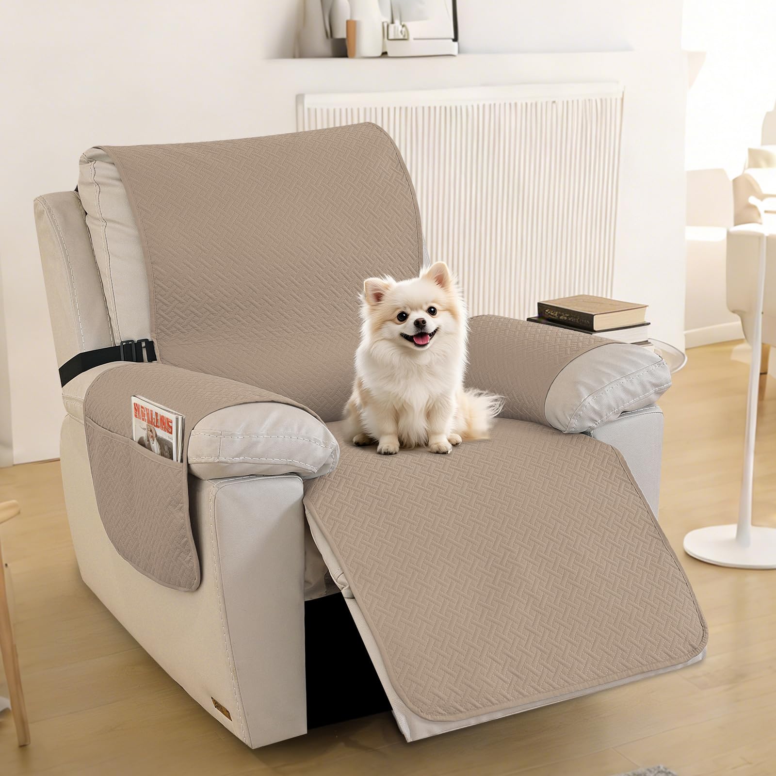 Impermeable Funda Sillon Reclinable 1 Asiento-X, Impermeable Funda Sillón Reclinable, Fundas para Sillon con Bolsillos Laterales, Fundas Sillón Relax Antideslizante, Café Claro