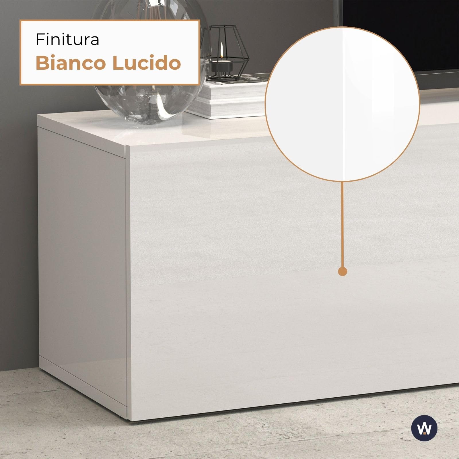 WHOUS Mobile Porta TV EGYPT per Soggiorno con 2 Ante a Ribalta e 2 Ripiani in Vetro, Mobile Tv per Salotto in Legno, 240x38x35 cm, Bianco Laccato Lucido