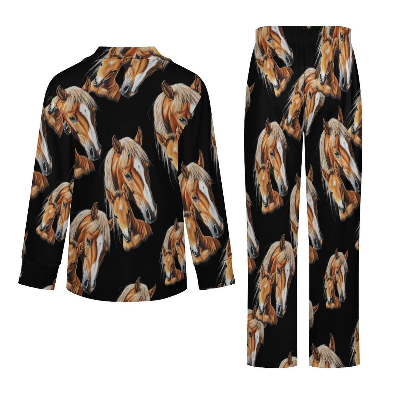 Horse Mama And Little - Conjunto de pijama elegante para mujer, manga larga, botones y pantalones, ropa de descanso