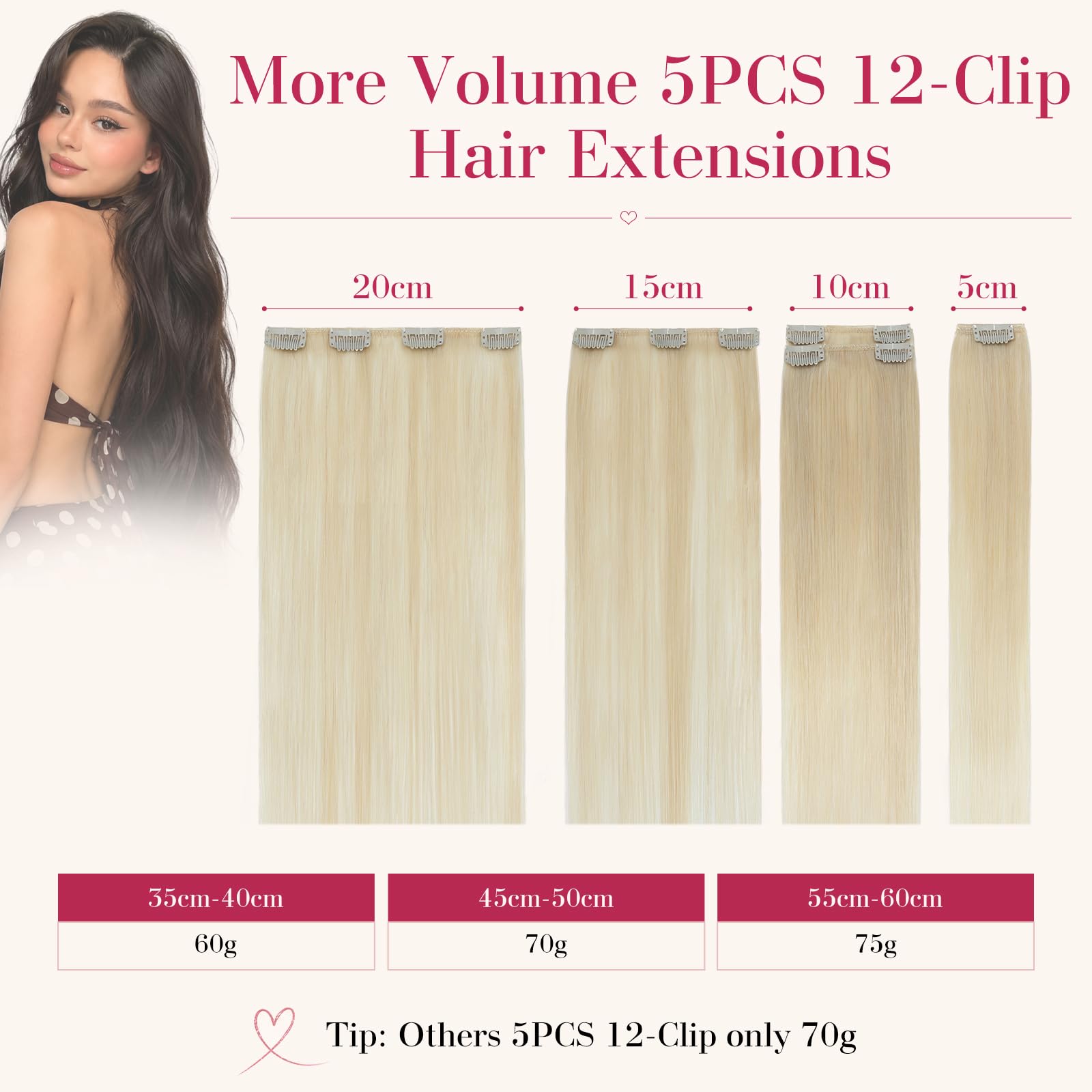 Clip in Extensions Echthaar 5 Stück 45cm #60 Perlblond | Hochdichtes Echthaar Haarverlängerung,Vielfältig kombinierbar für unzählige Styling‑Varianten,100% Remy Human Hair