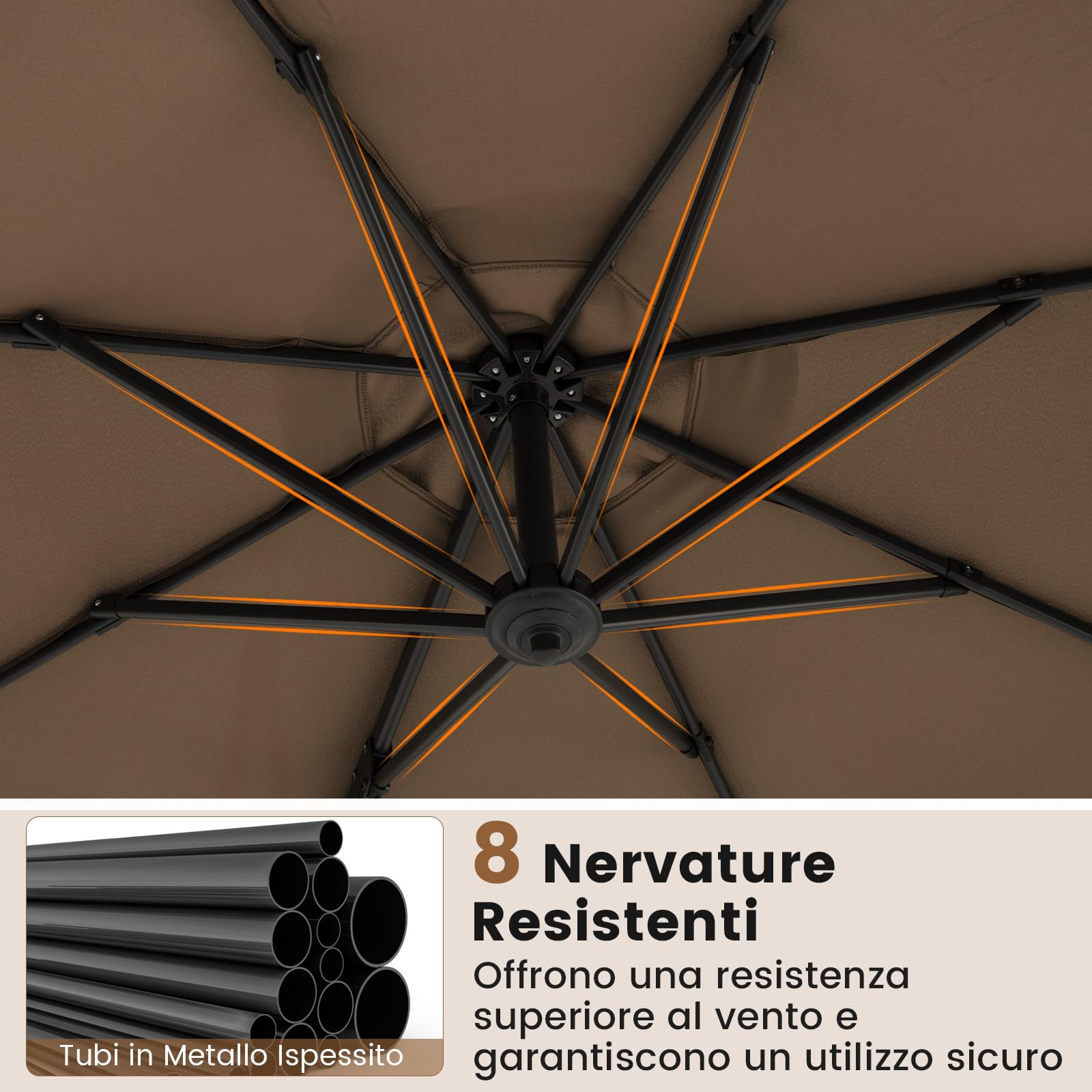 COSTWAY Ombrellone a Cantilever da Giardino 294 cm, Rotazione 360° e 5 Angoli Regolabili, 8 Stecche Base a Croce, Impermeabile, per Cortile Piscina Esterno (Marrone)
