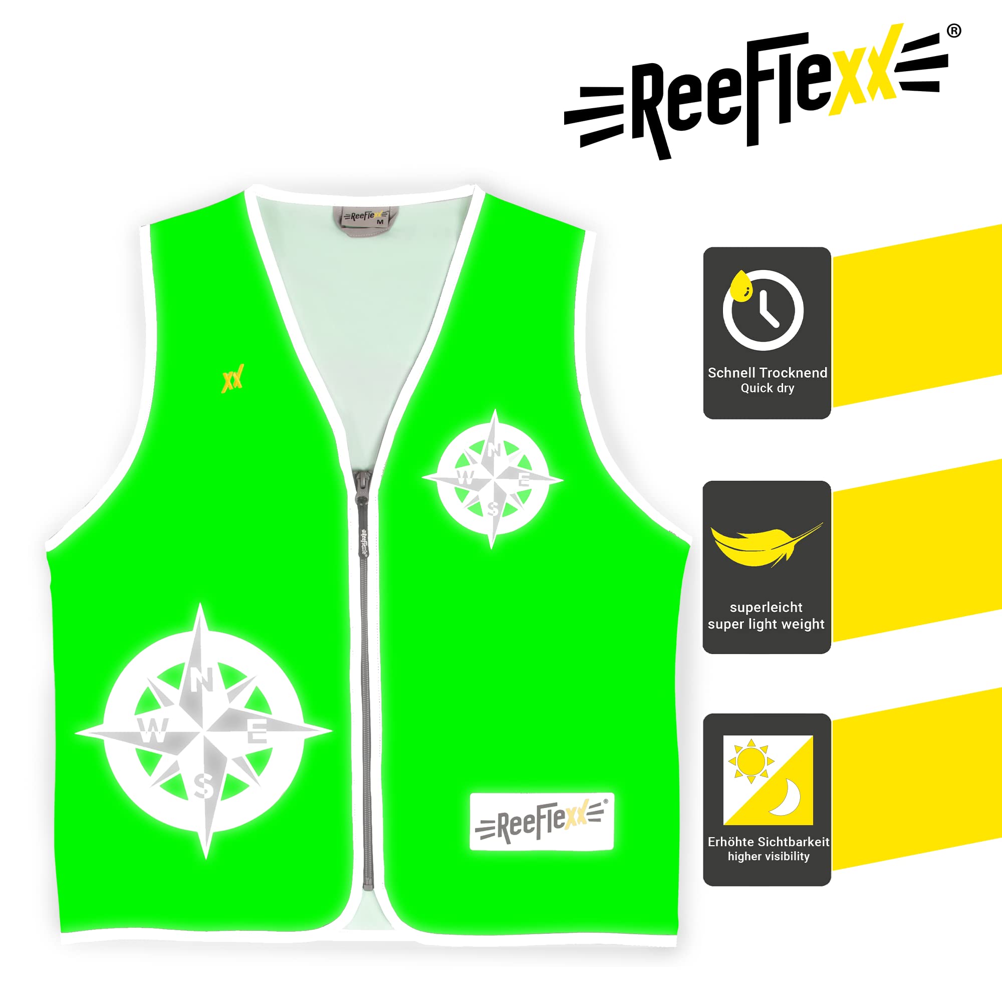 REEFLEXX Gilet réfléchissant pour homme avec adaptateur de taille Gilet réfléchissant pour plus de visibilité dans la circulation routière grâce aux réflecteurs, couleurs et motifs Boussole verte