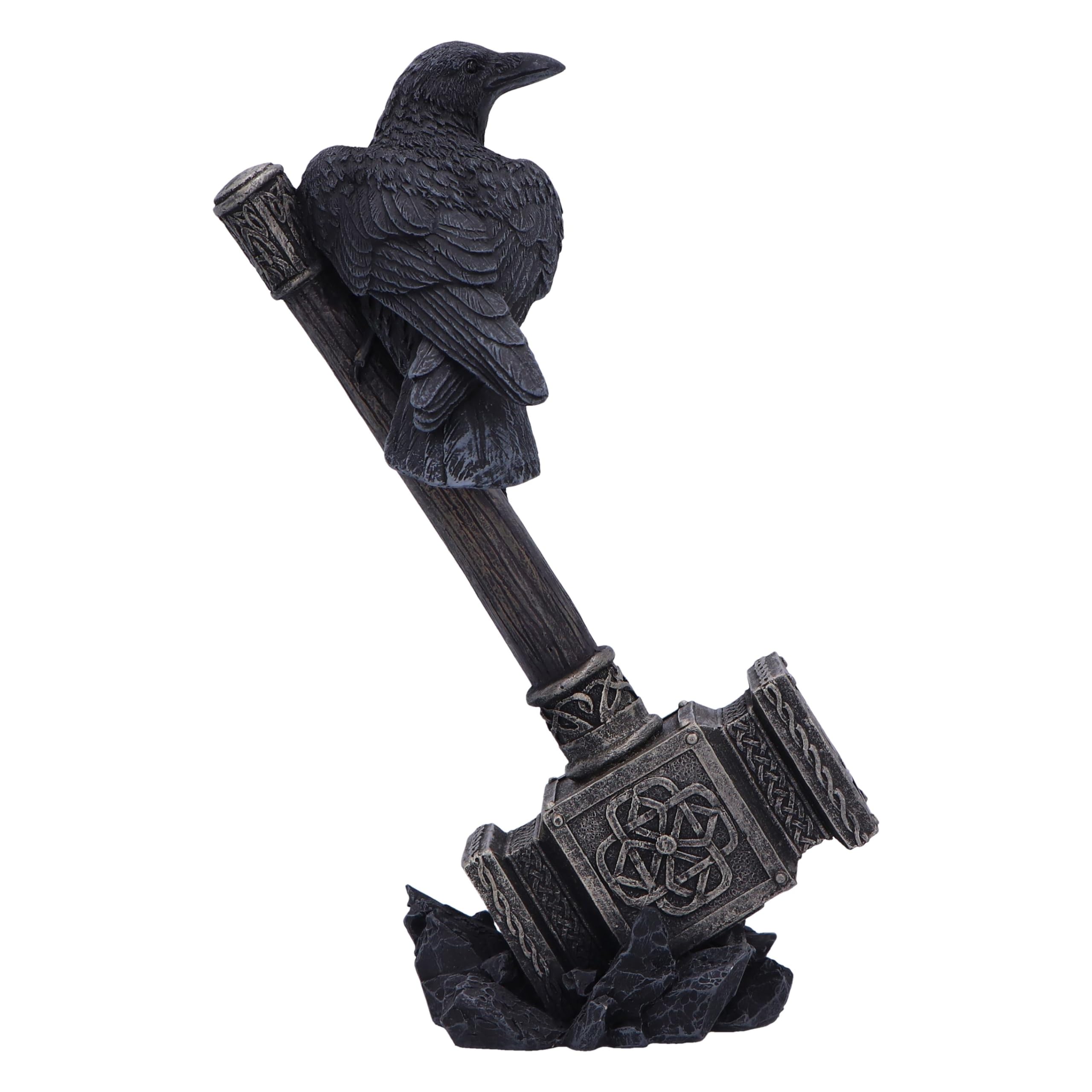 Nemesis Now Figura de Martillo de los Dioses de 23 cm, Resina, Escultura de Cuervo en el Martillo de Thor, Figura de Martillo de Thor, decoración de Dormitorio de mitología nórdica, fundida en la