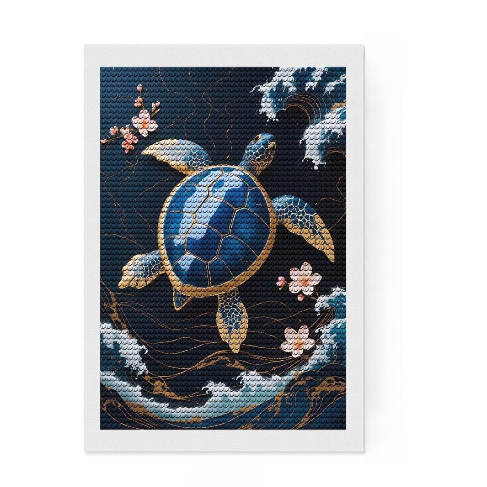 Junmoney Turtle Gold Kintsugi Art Round Drill Diamond Painting 8"x12", Printed Canvas, Finish and Display, Modern Decor, Christmas Gift