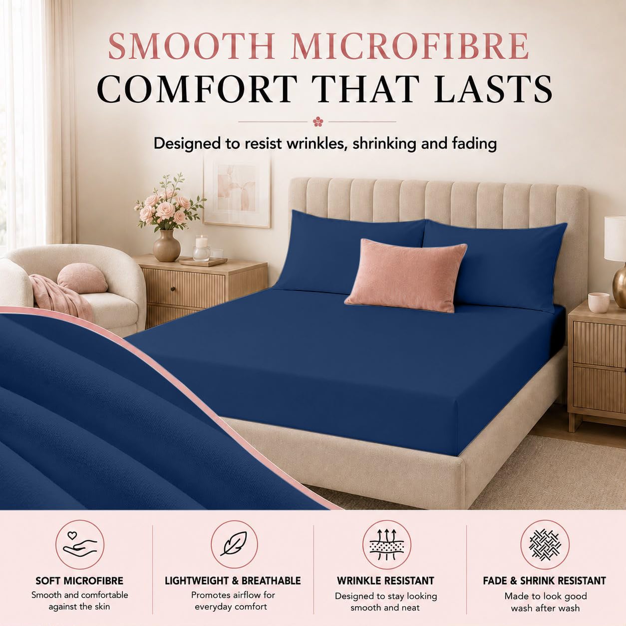 2 Pack King Microfibre Fitted Sheets 30cm Deep Bed Sheets, Navy Blue - Image 2